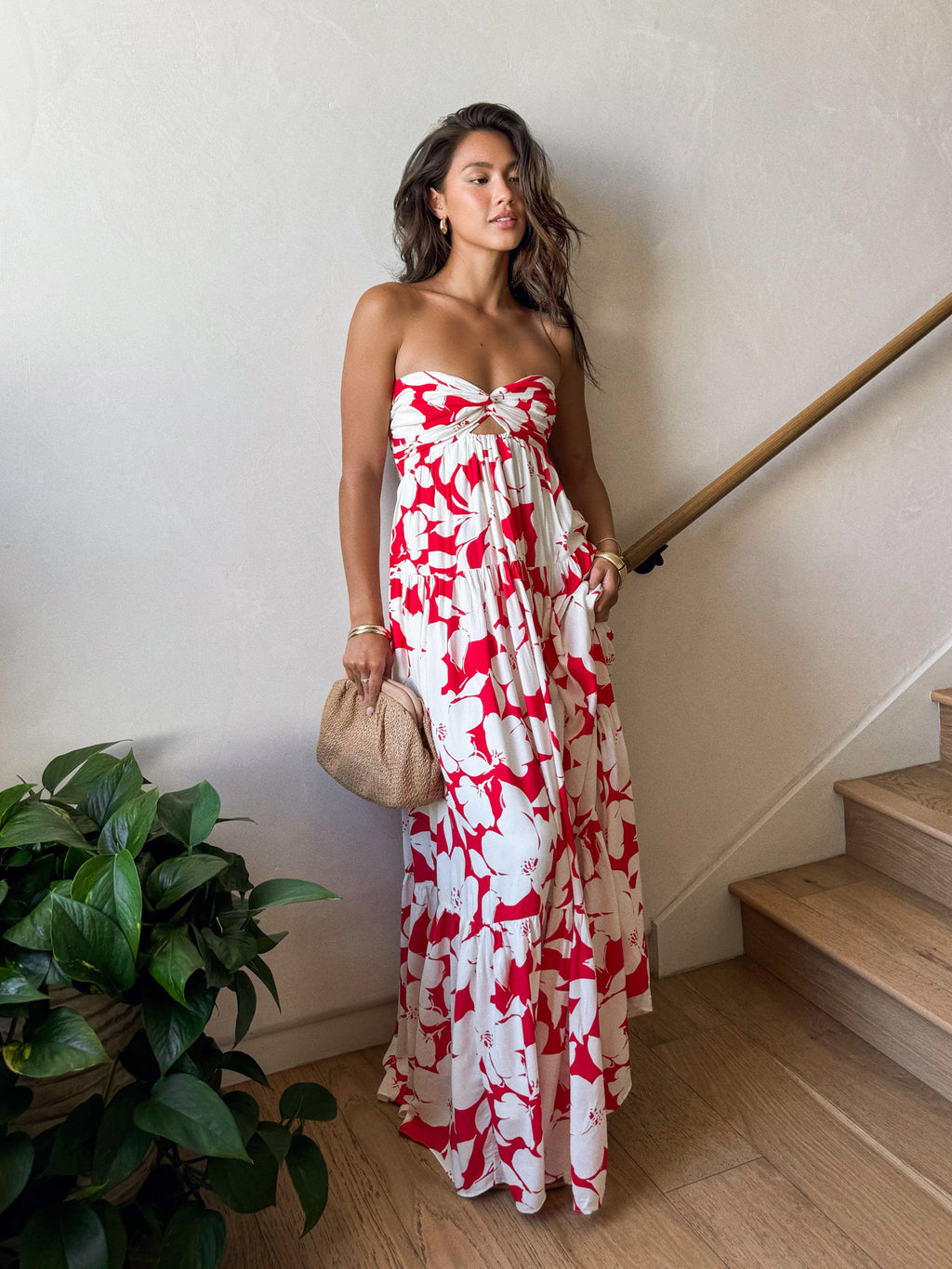 Twist ruched bodice maxi dress- SM-D20750L, Red/ivory - Stitch And Feather