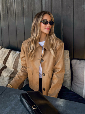 Vegan Suede button front jacket- SM-J60020A, Tan - Stitch And Feather