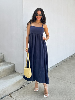 Liberty Linen Midi Dress in Navy - Stitch And Feather