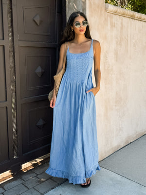 Payton Pleated Denim Maxi Dress - Stitch And Feather