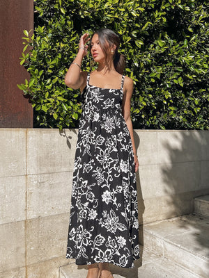 Hibiscus Midi Dress in Black - Stitch And Feather