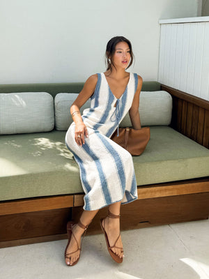 Tie front wide stripe knit dress- S24272, Washed denim - Stitch And Feather