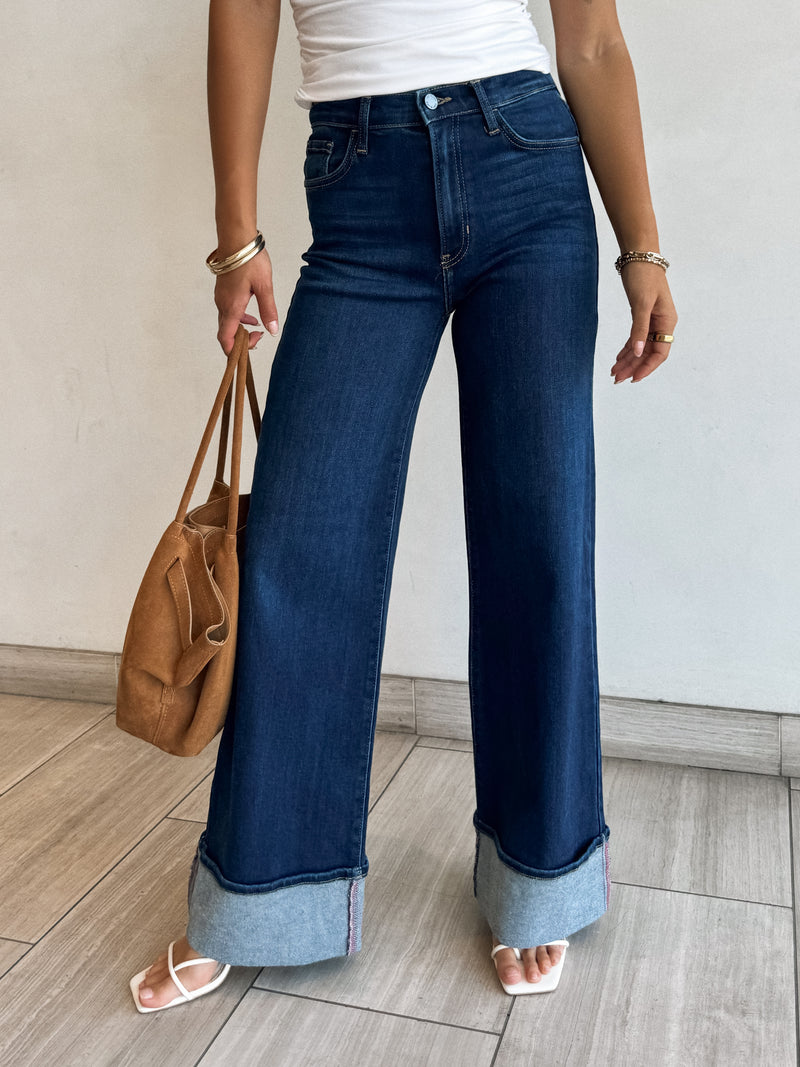 Harley Cuffed Palazzo Jeans in Dark Denim - Stitch And Feather