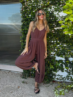 Cotton gauze parachute jumpsuit- IJ34057, Chocolate - Stitch And Feather