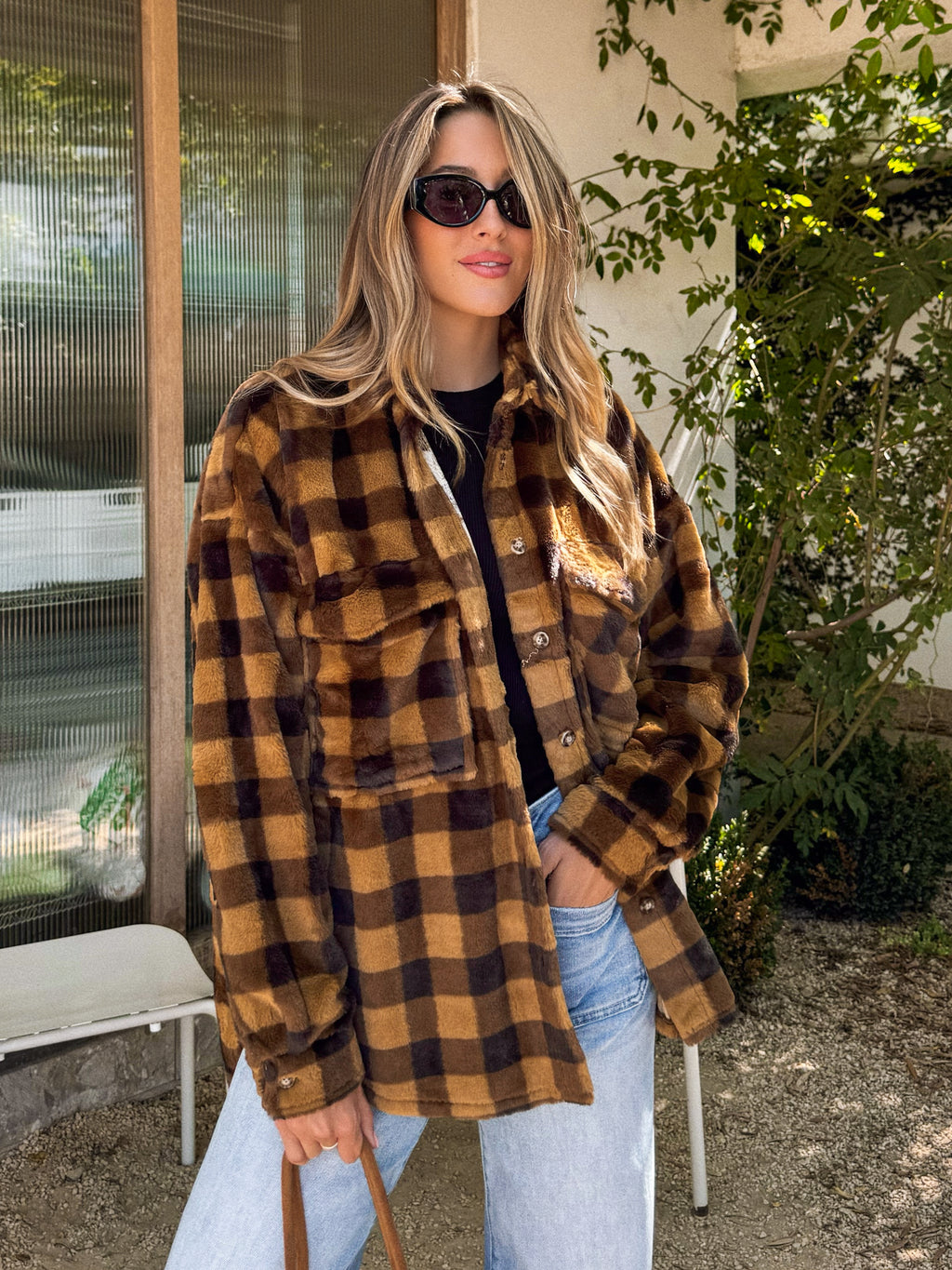 Plaid faux fur jacket- ACT10208Y, Camel - Stitch And Feather