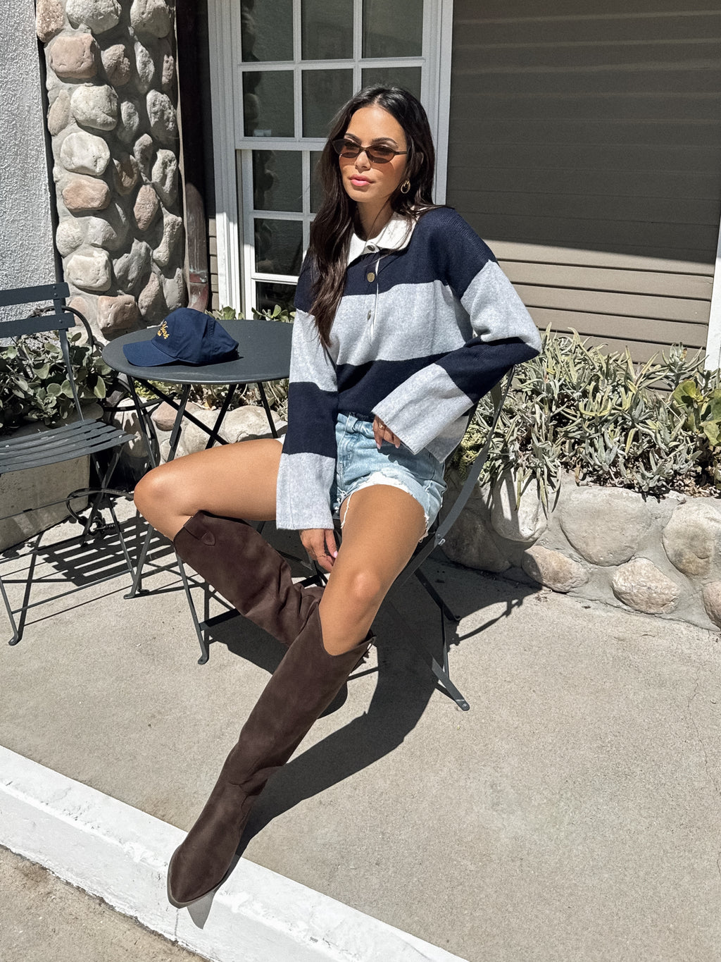 Stripe polo neck sweater- AJT5047, Navy/grey - Stitch And Feather
