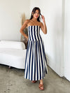 Vertical stripe midi dress- CR2644, Navy - Stitch And Feather