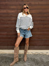Stripe button collar sweater- SWT5097, Off wht/navy - Stitch And Feather