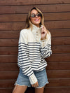 Stripe button collar sweater- SWT5097, Off wht/navy - Stitch And Feather