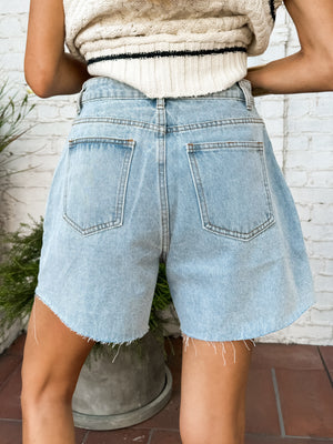 Washed Denim Mom Shorts - Stitch And Feather