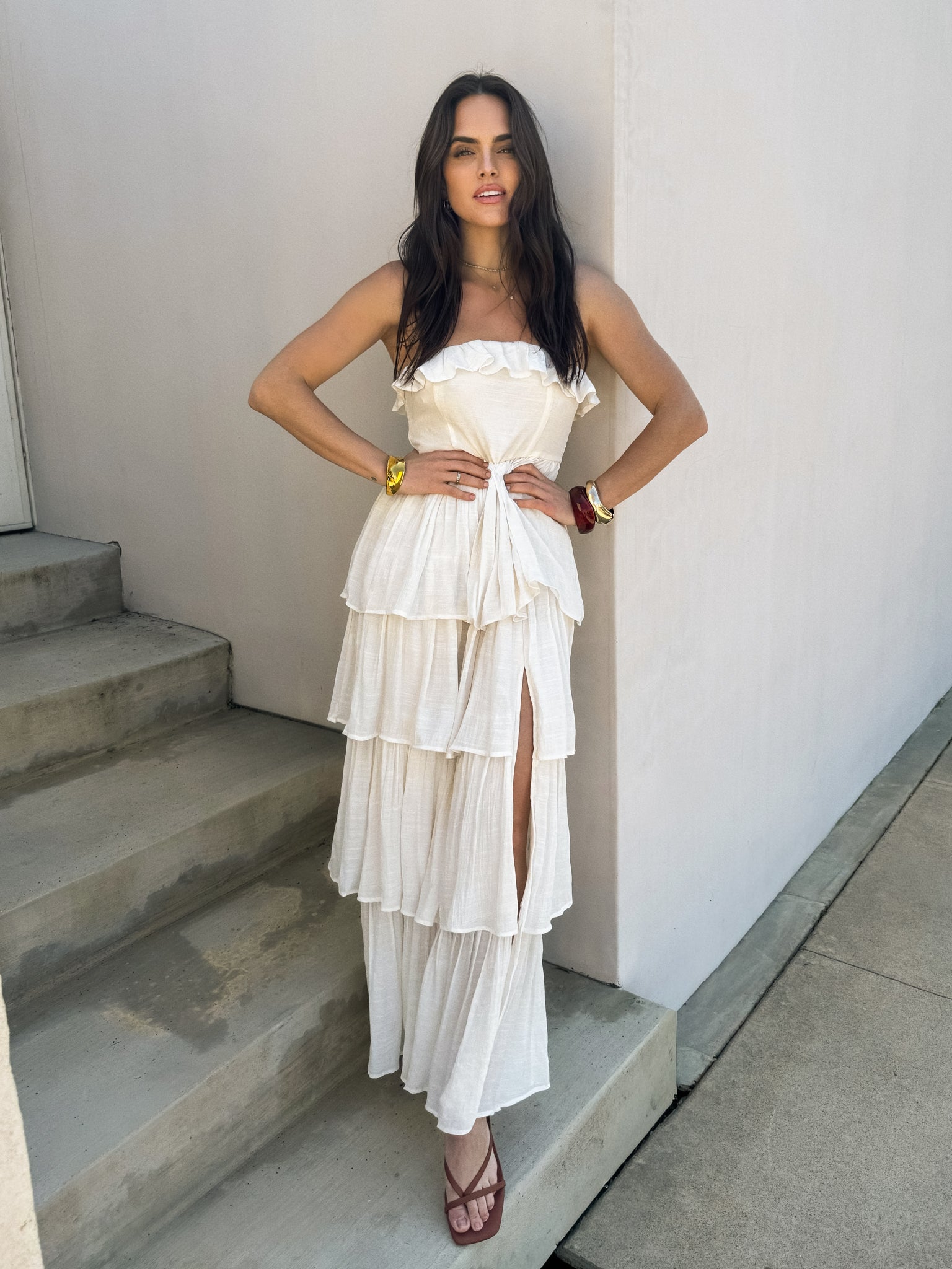 white ruffle dress maxi Christabelle 34.5 CARE Hand Wash Cold Amelia Ruffle Maxi Dress