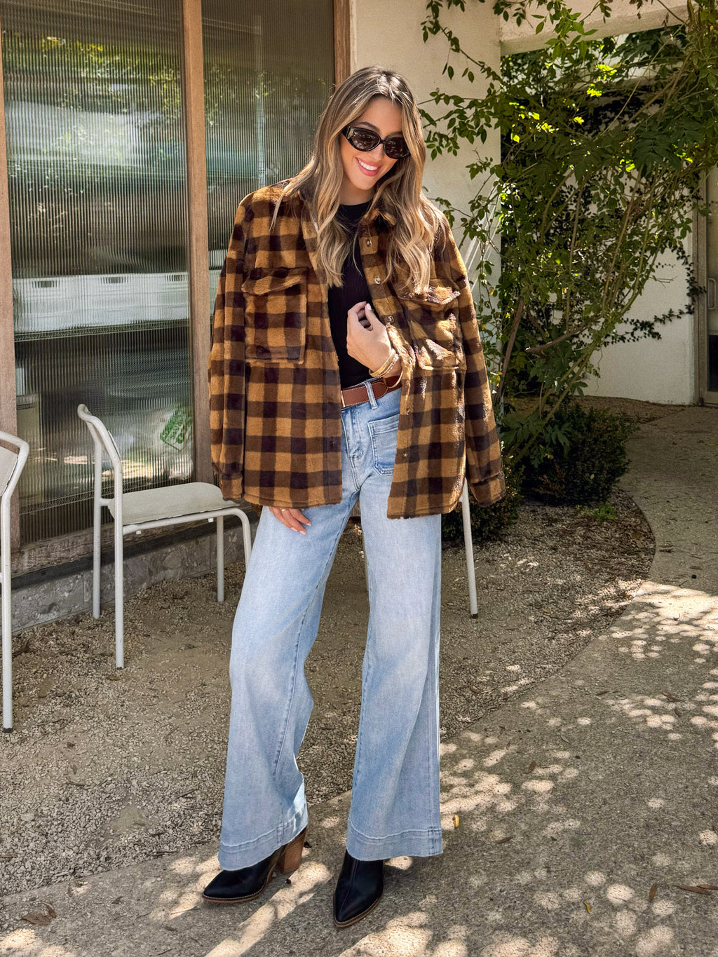 Plaid faux fur jacket- ACT10208Y, Camel - Stitch And Feather