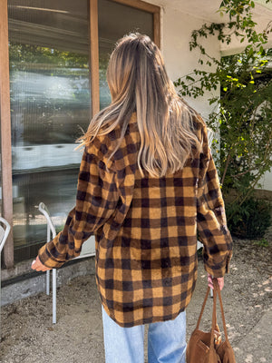 Plaid faux fur jacket- ACT10208Y, Camel - Stitch And Feather