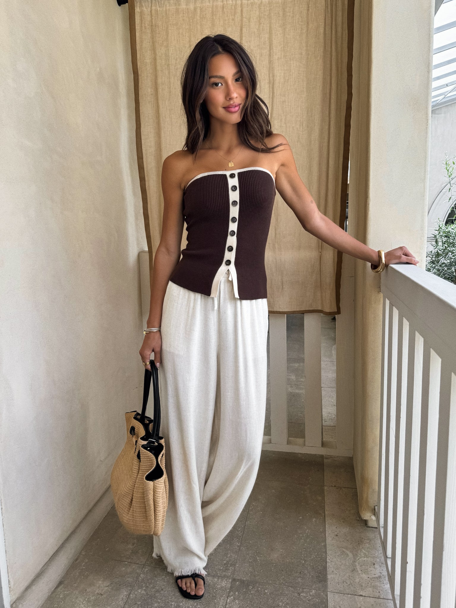 Malia Strapless Knit Top in Brown Stitch And Feather Malia Strapless Knit Top in Brown Stitch And Feather