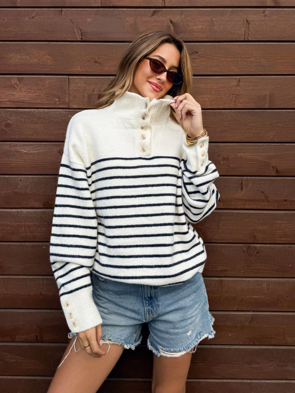 Stripe button collar sweater- SWT5097, Off wht/navy - Stitch And Feather