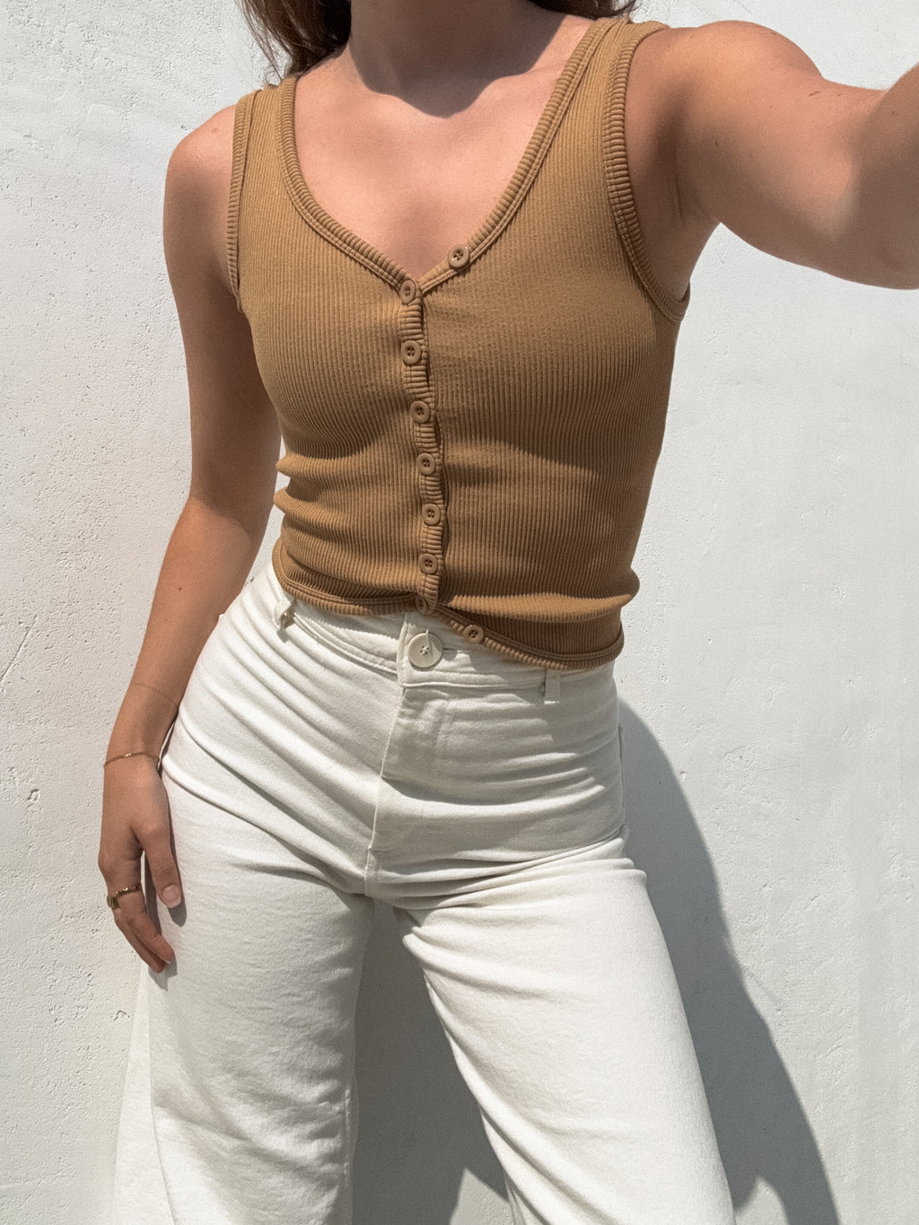 Tobie Ribbed Button Tank in Brown