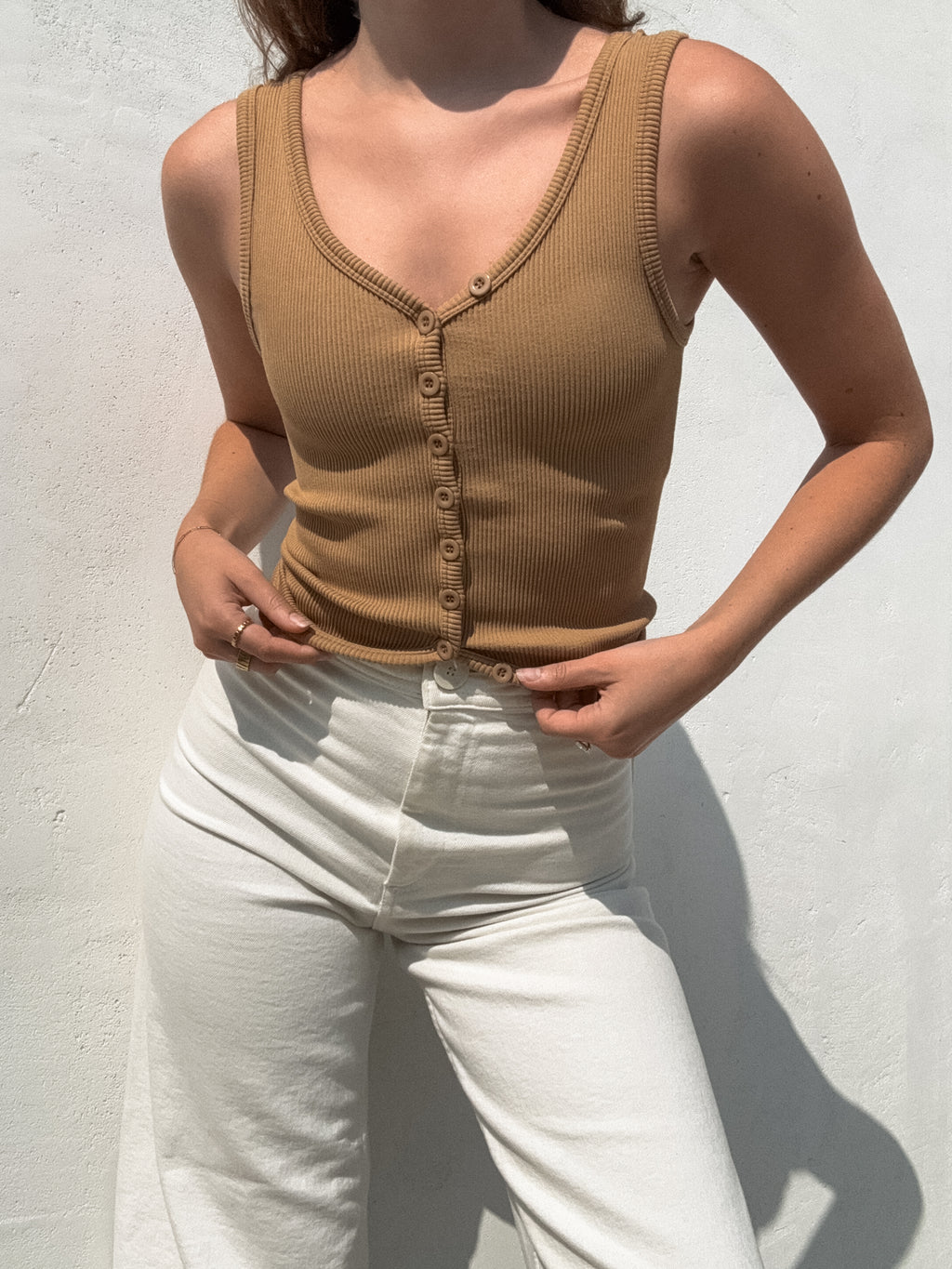Tobie Ribbed Button Tank in Brown