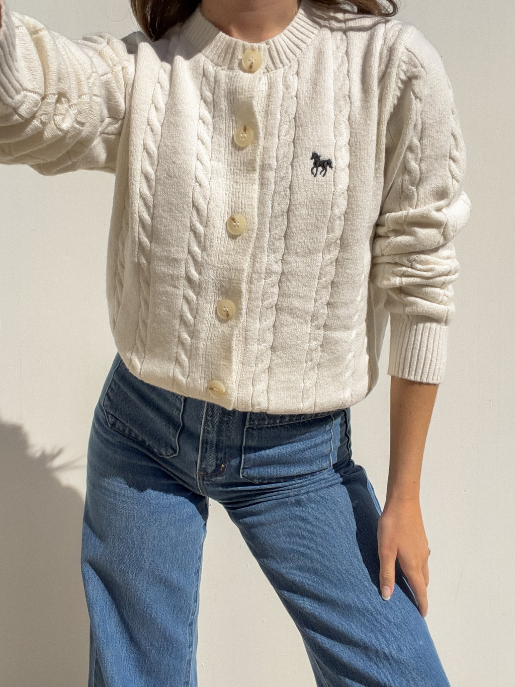 Horse Embroidered Cable Knit Sweater in Cream