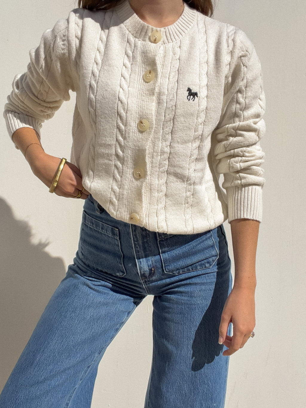 Horse Embroidered Cable Knit Sweater in Cream