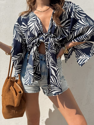 Palms Tie Front Top in Navy - Stitch And Feather