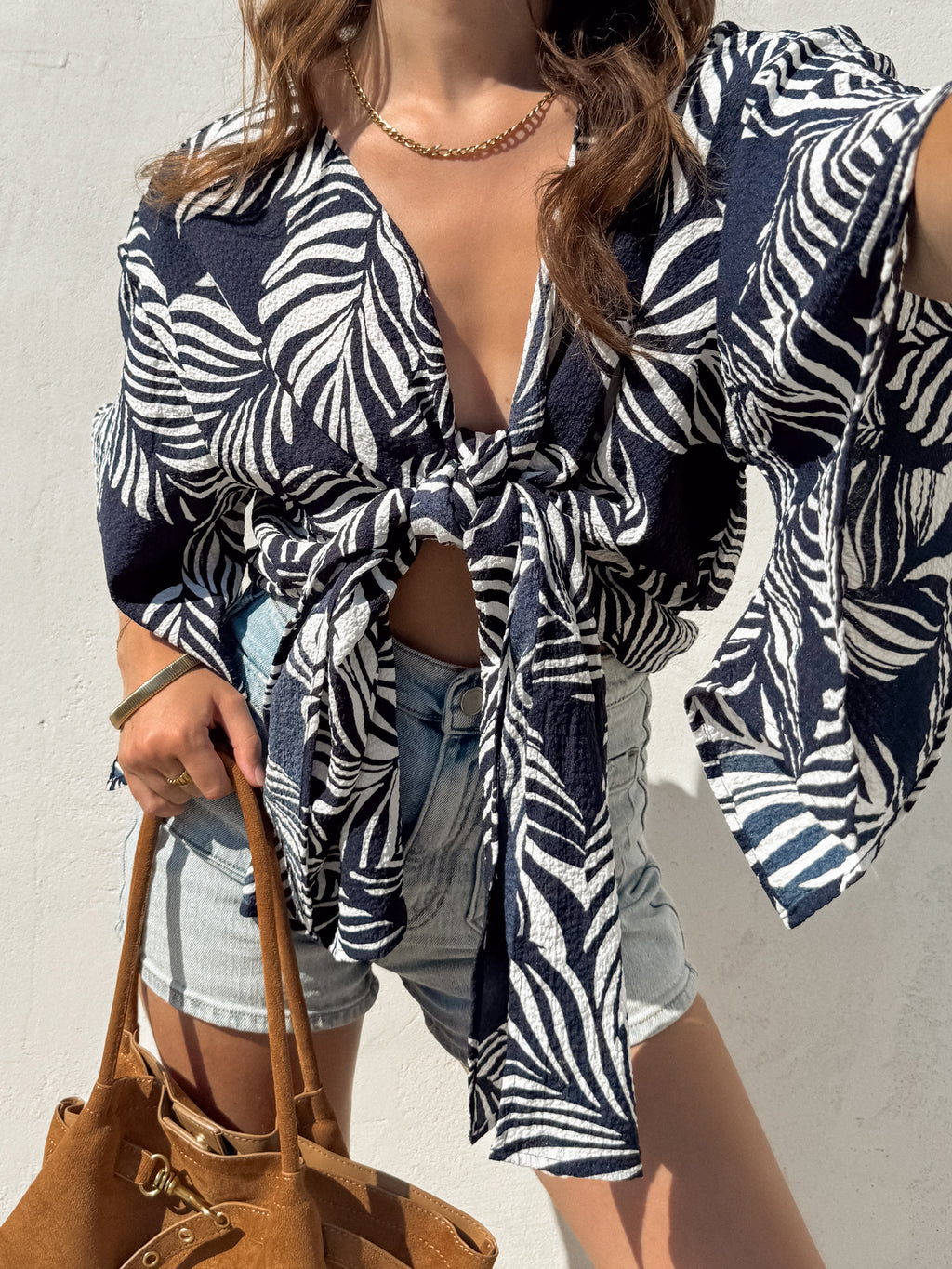 Palms Tie Front Top in Navy - Stitch And Feather