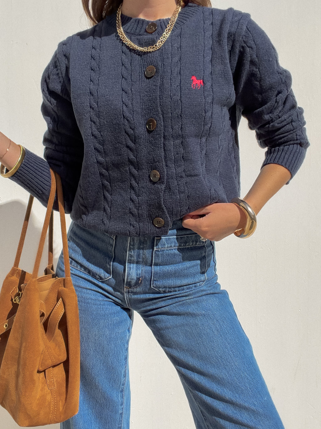 Horse Embroidered Cable Knit Sweater in Navy