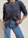 Horse Embroidered Cable Knit Sweater in Navy