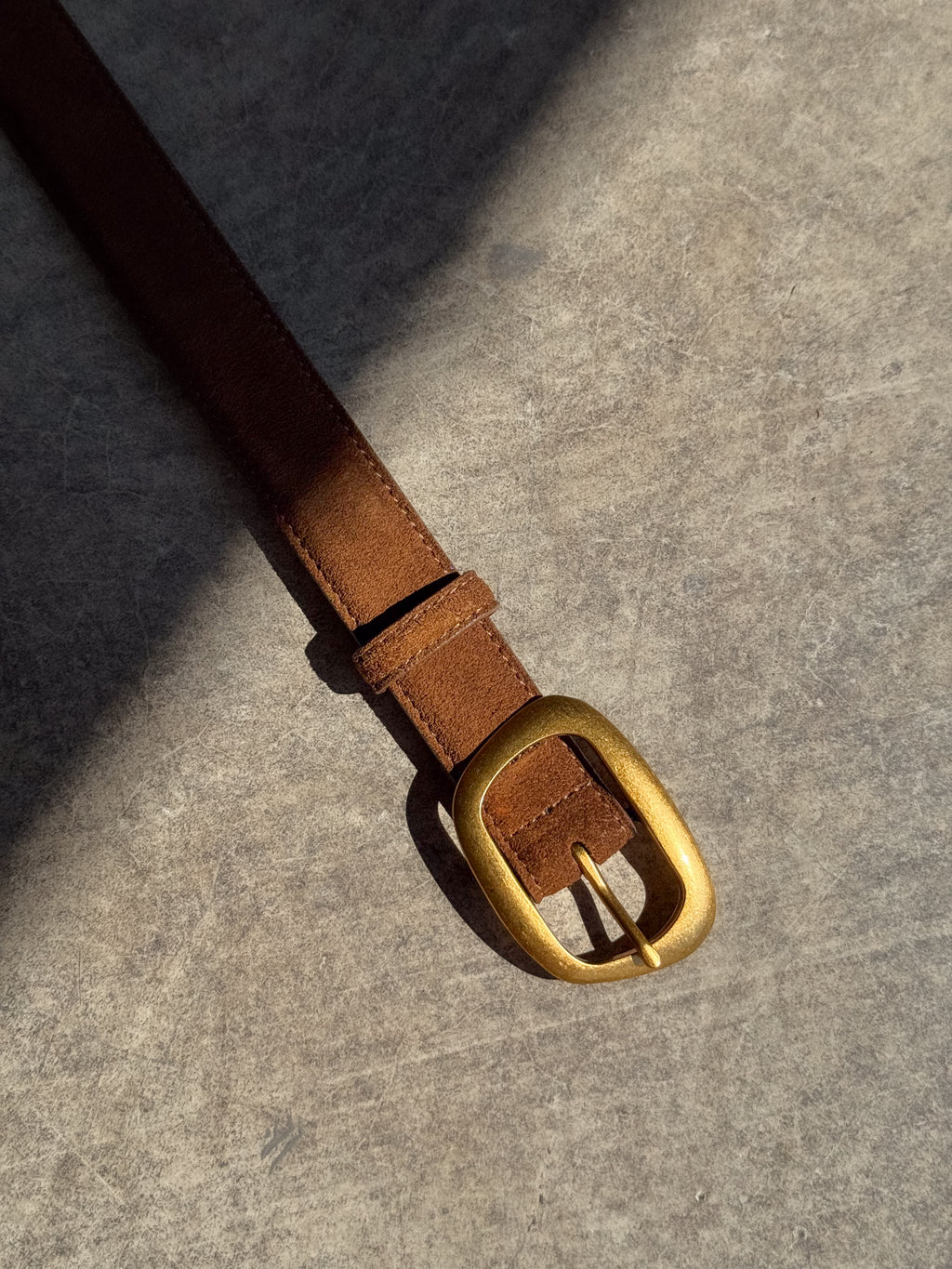 Suede Belt with Asymmetrical Buckle in Caramel - Stitch And Feather
