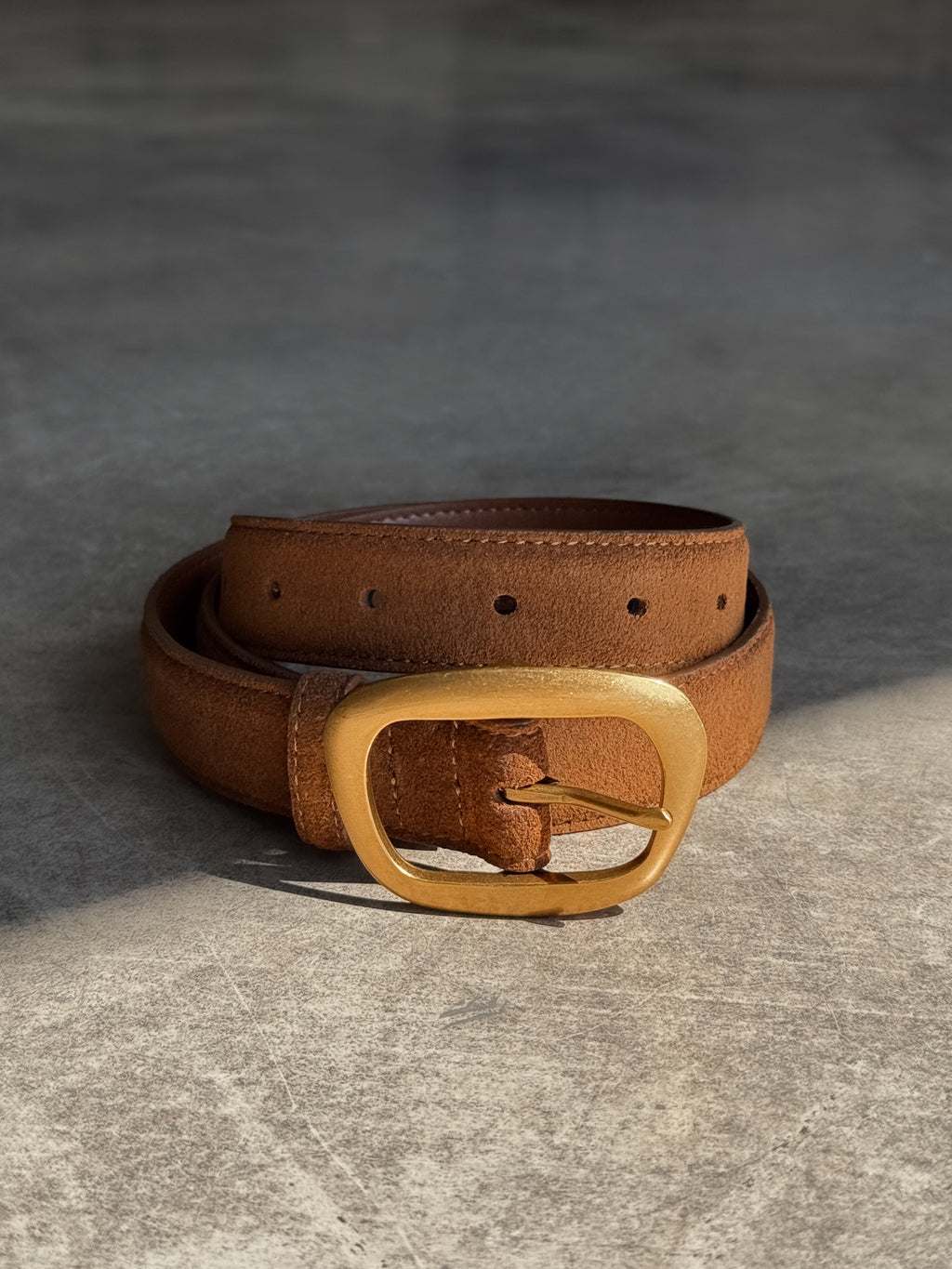 Suede Belt with Asymmetrical Buckle in Caramel - Stitch And Feather