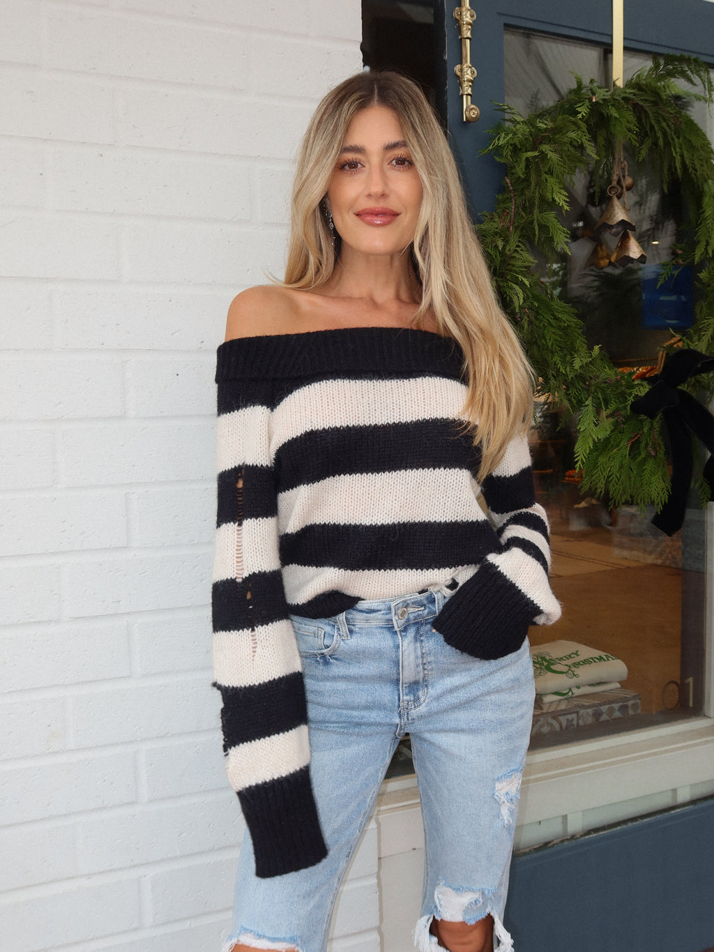 Noel Stripe Distressed Sweater - Stitch And Feather