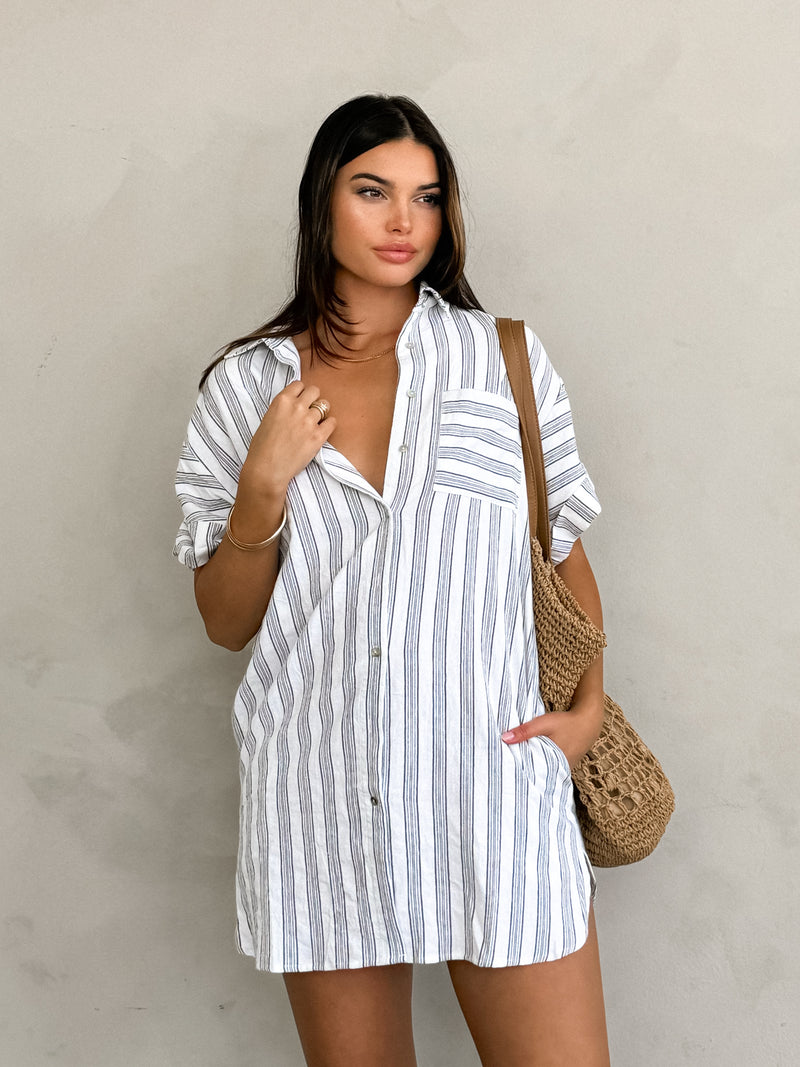 Daria Stripe Dress in White - Stitch And Feather