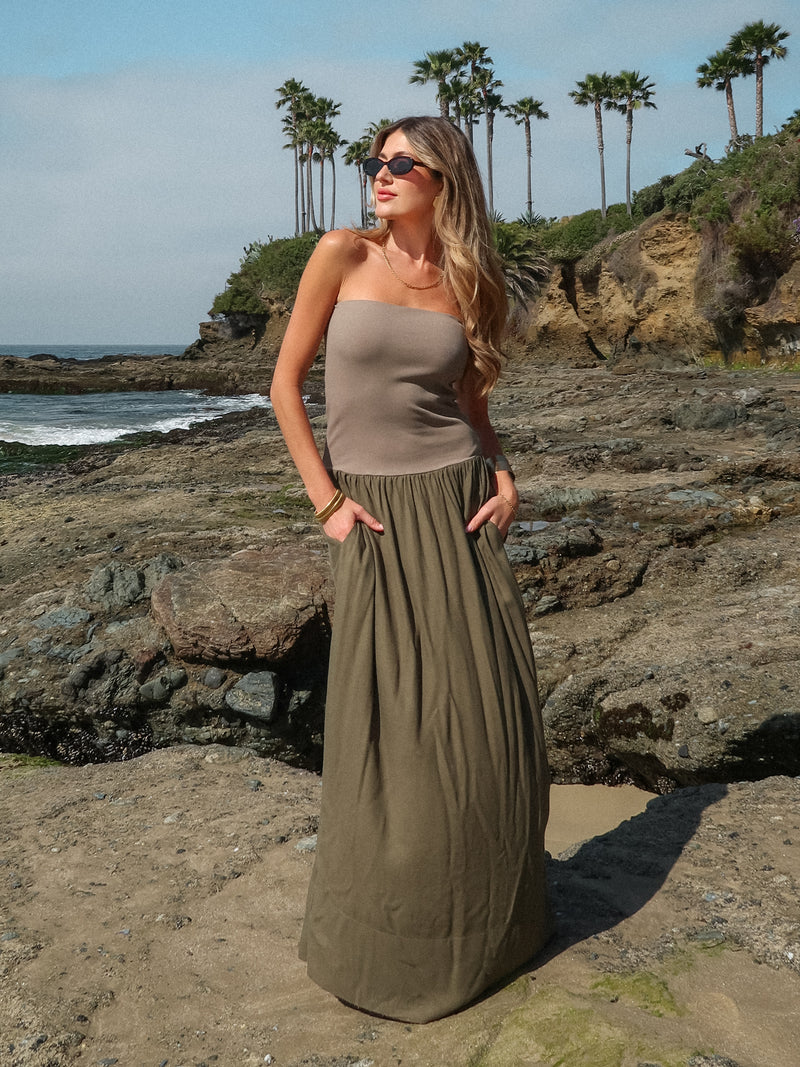 Talia Linen Maxi Dress in Olive - Stitch And Feather