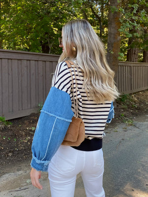 Maeve Denim Sleeve Sweater - Stitch And Feather