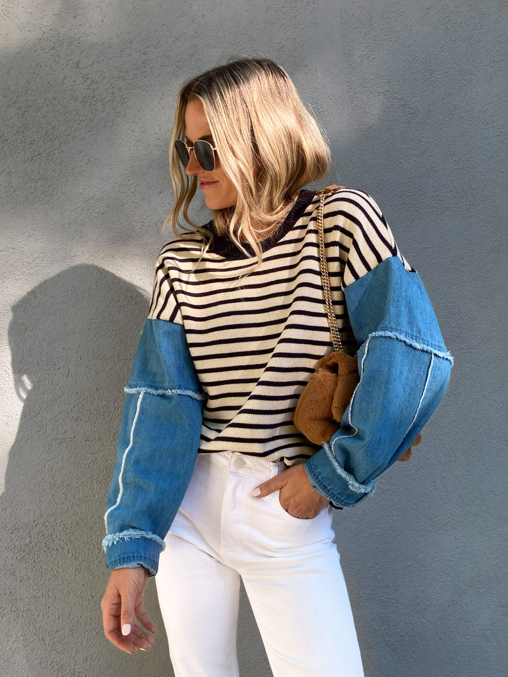 Maeve Denim Sleeve Sweater - Stitch And Feather