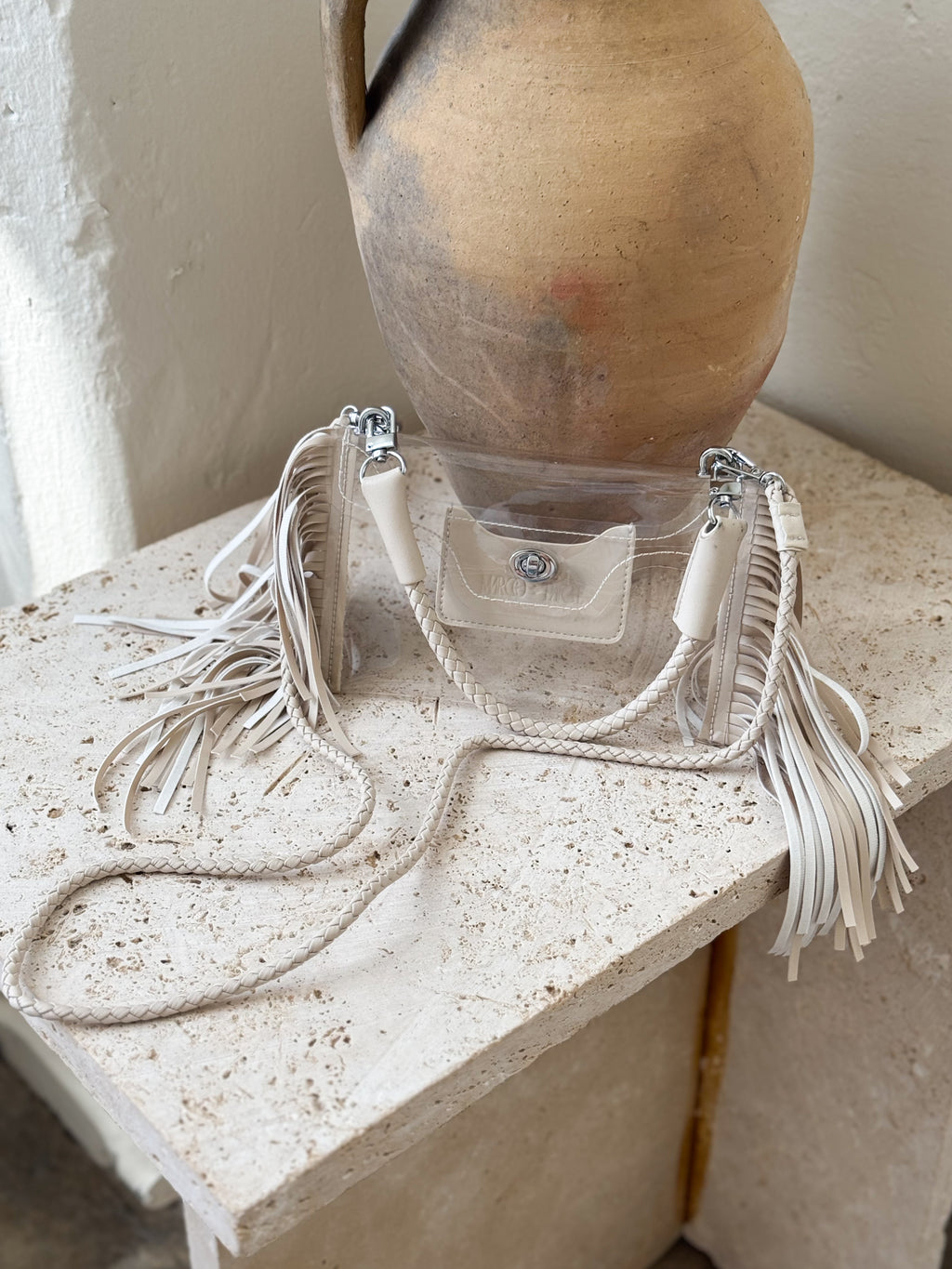 Clear Fringe Crossbody Bag in Beige - Stitch And Feather