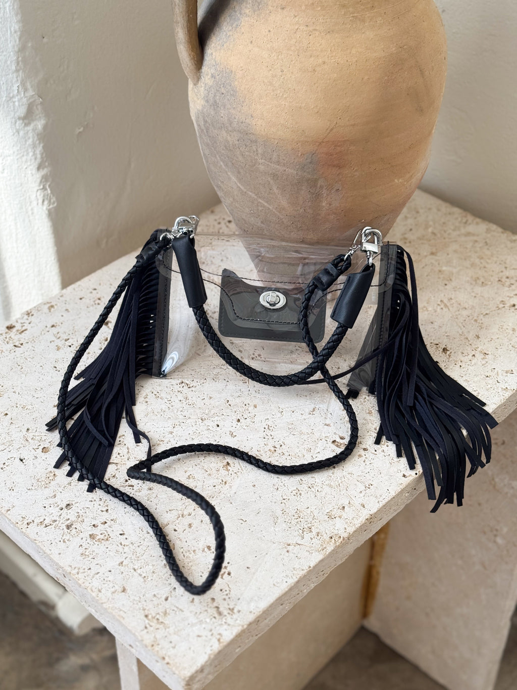 Clear Fringe Crossbody Bag in Black - Stitch And Feather