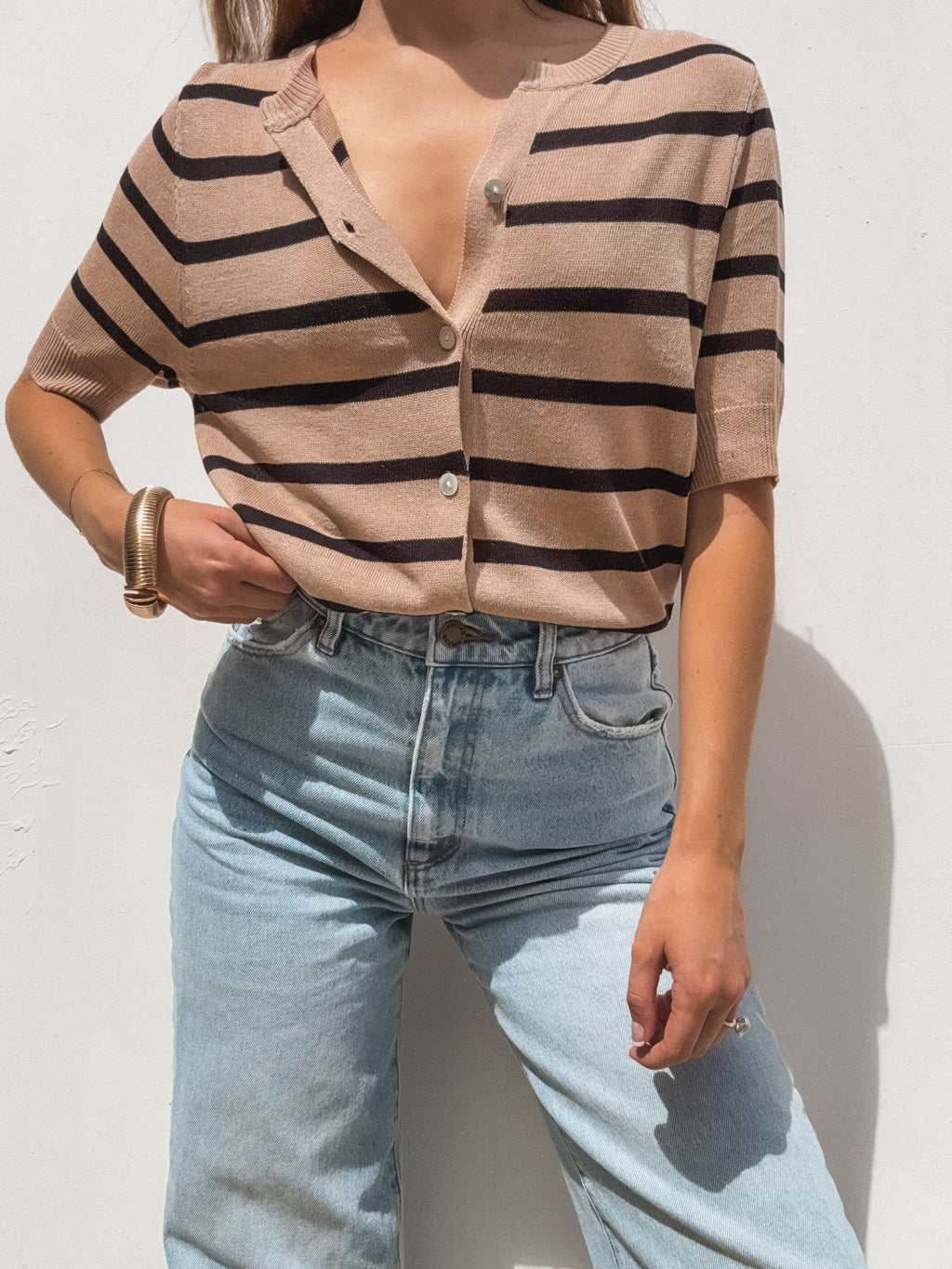 Allana Stripe Button Top in Black - Stitch And Feather
