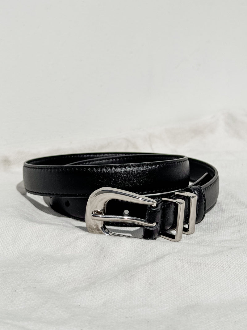 Black Skinny Leather Belt with Silver Buckle - Stitch And Feather