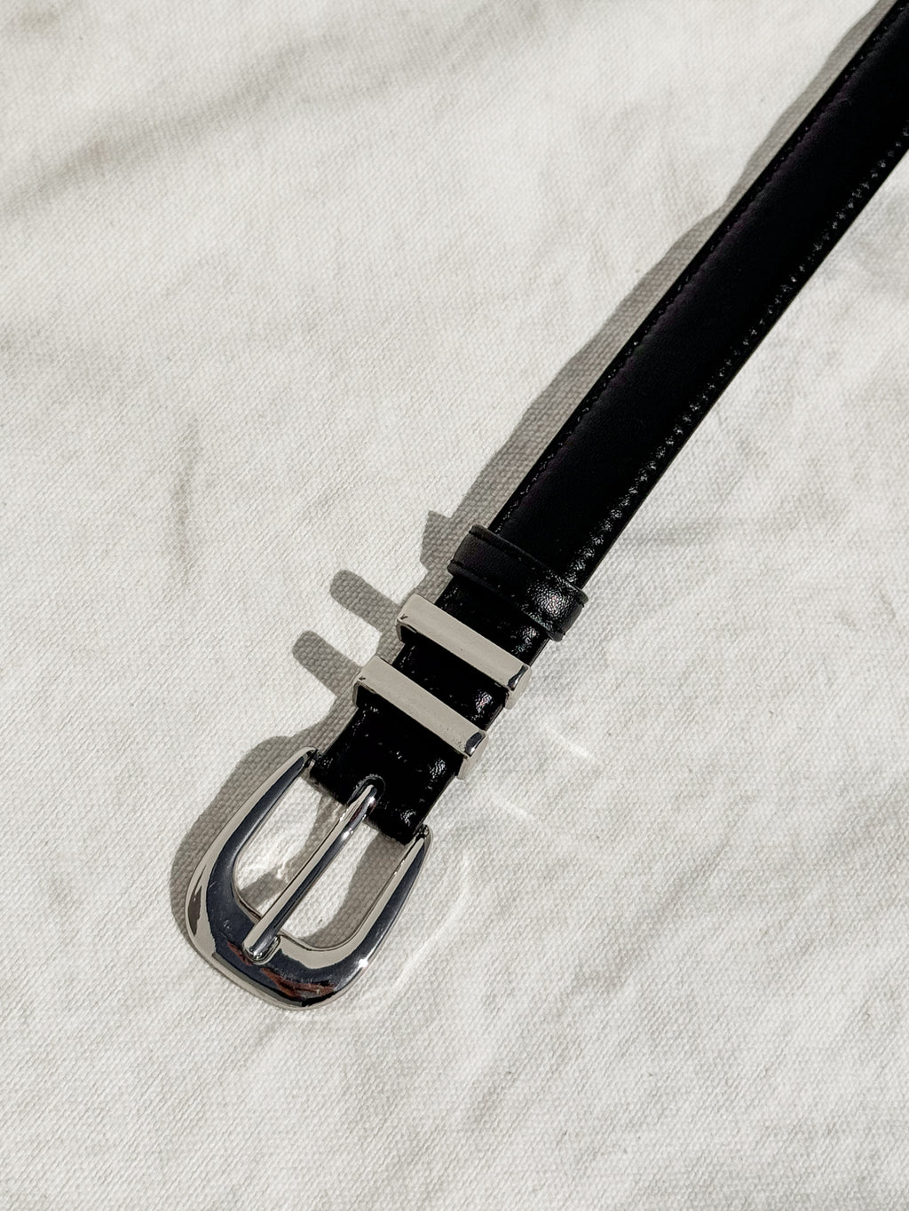 Black Skinny Leather Belt with Silver Buckle - Stitch And Feather