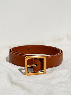 Square Gold Buckle Leather Belt in Tan - Stitch And Feather