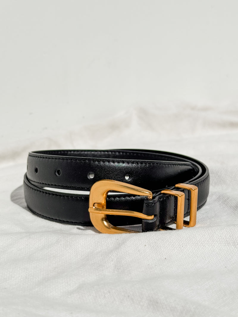 Black Skinny Leather Belt with Gold Buckle - Stitch And Feather