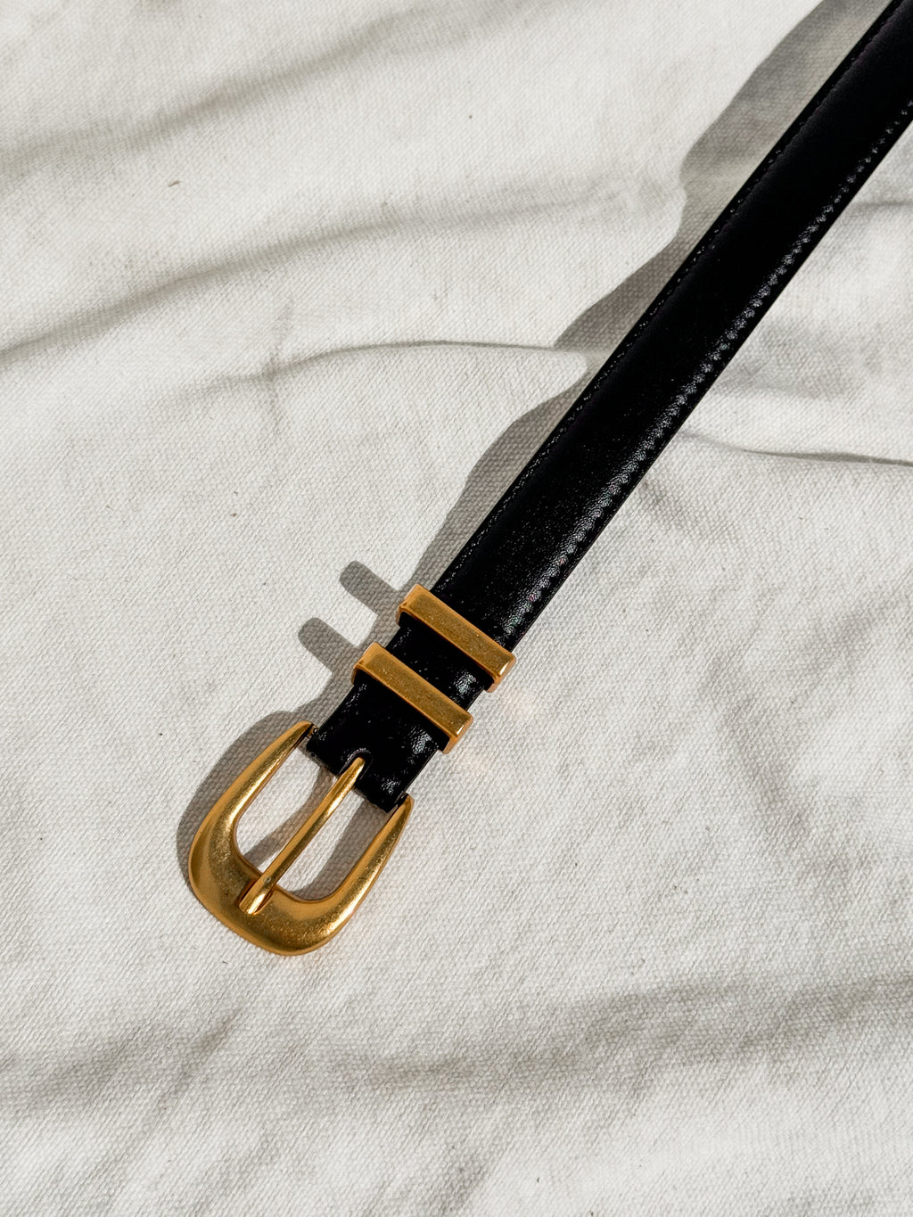 Black Skinny Leather Belt with Gold Buckle - Stitch And Feather