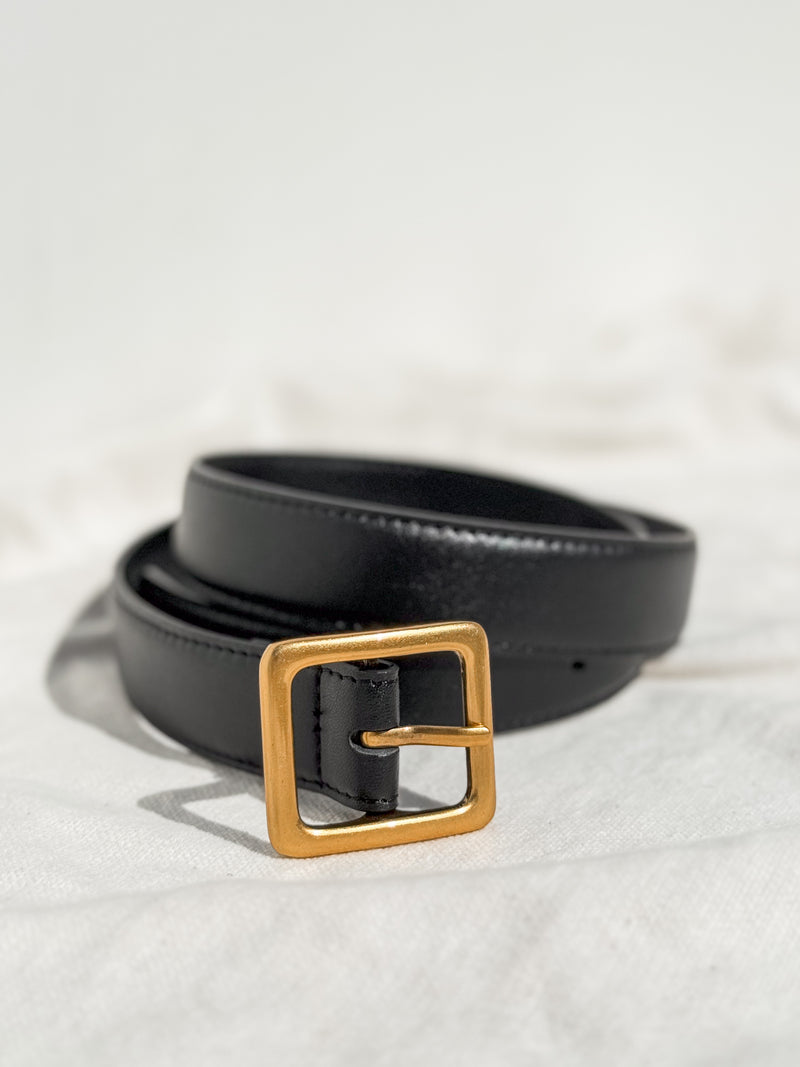 Square Gold Buckle Leather Belt in Black - Stitch And Feather