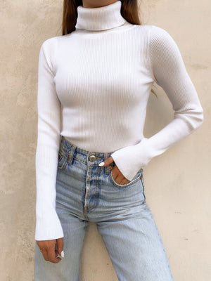 Jeann Ribbed Turtleneck Top in Off white - Stitch And Feather