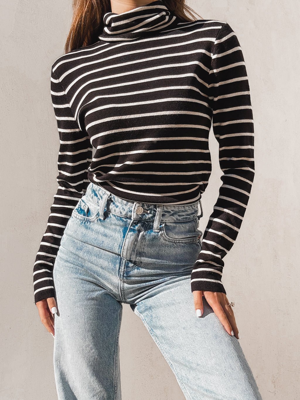 Malbec Mock Neck Stripe Top in Black - Stitch And Feather