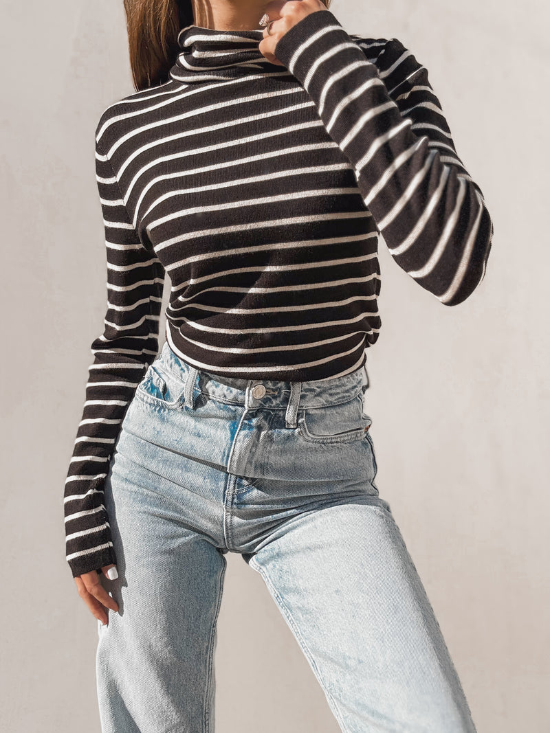 Malbec Mock Neck Stripe Top in Black - Stitch And Feather