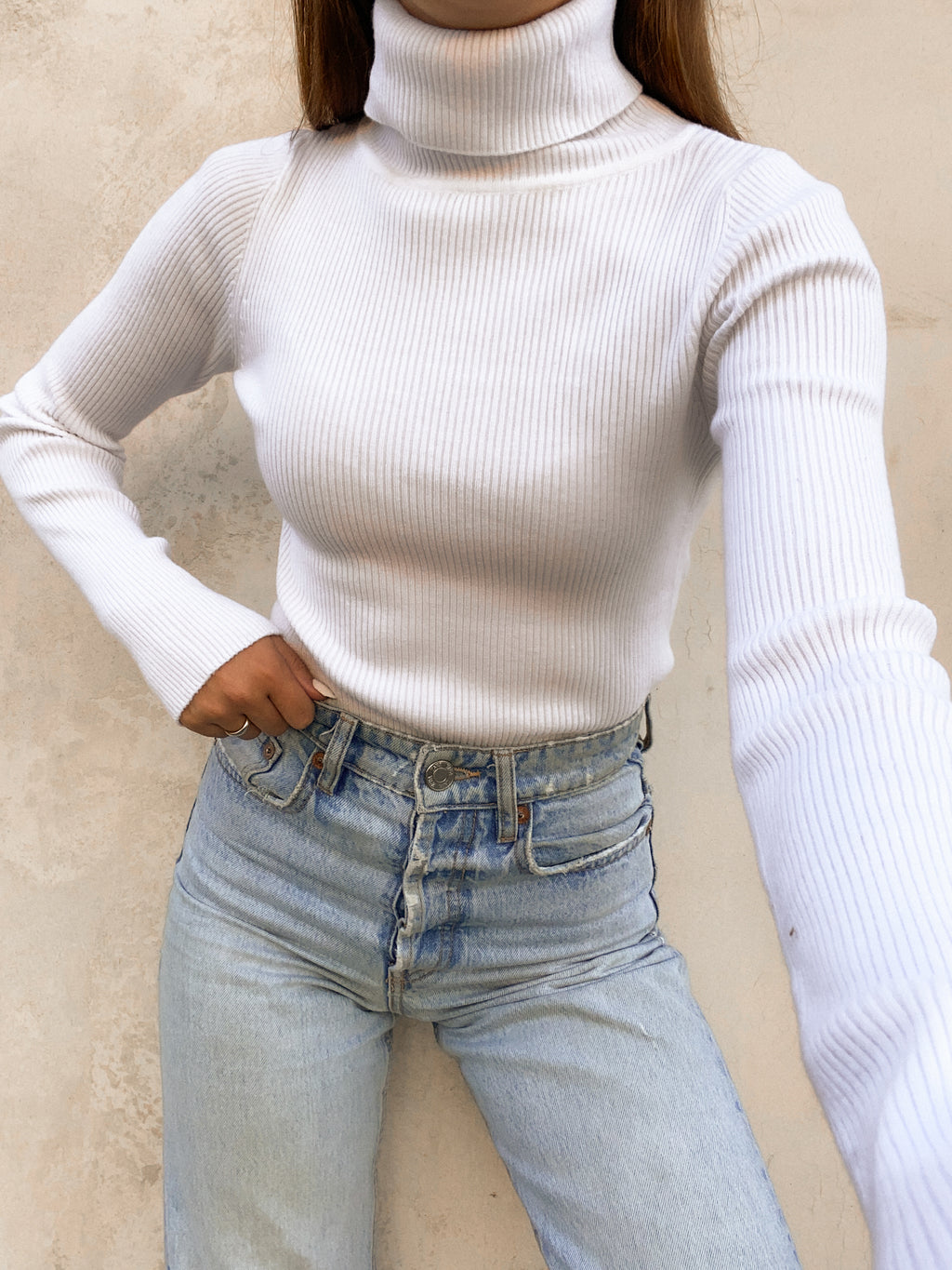 Jeann Ribbed Turtleneck Top in Off white - Stitch And Feather