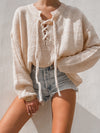 Oatmeal Lace Up Knit Sweater - Stitch And Feather