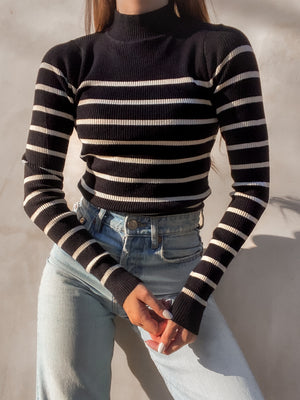 Emily Stripe Mock Neck Top in Black - Stitch And Feather