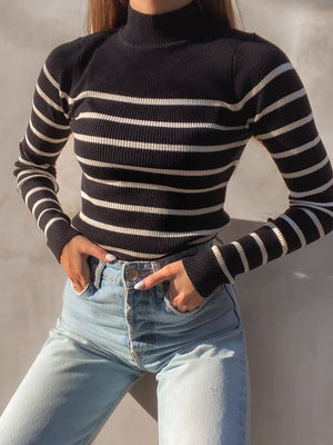 Emily Stripe Mock Neck Top in Black - Stitch And Feather